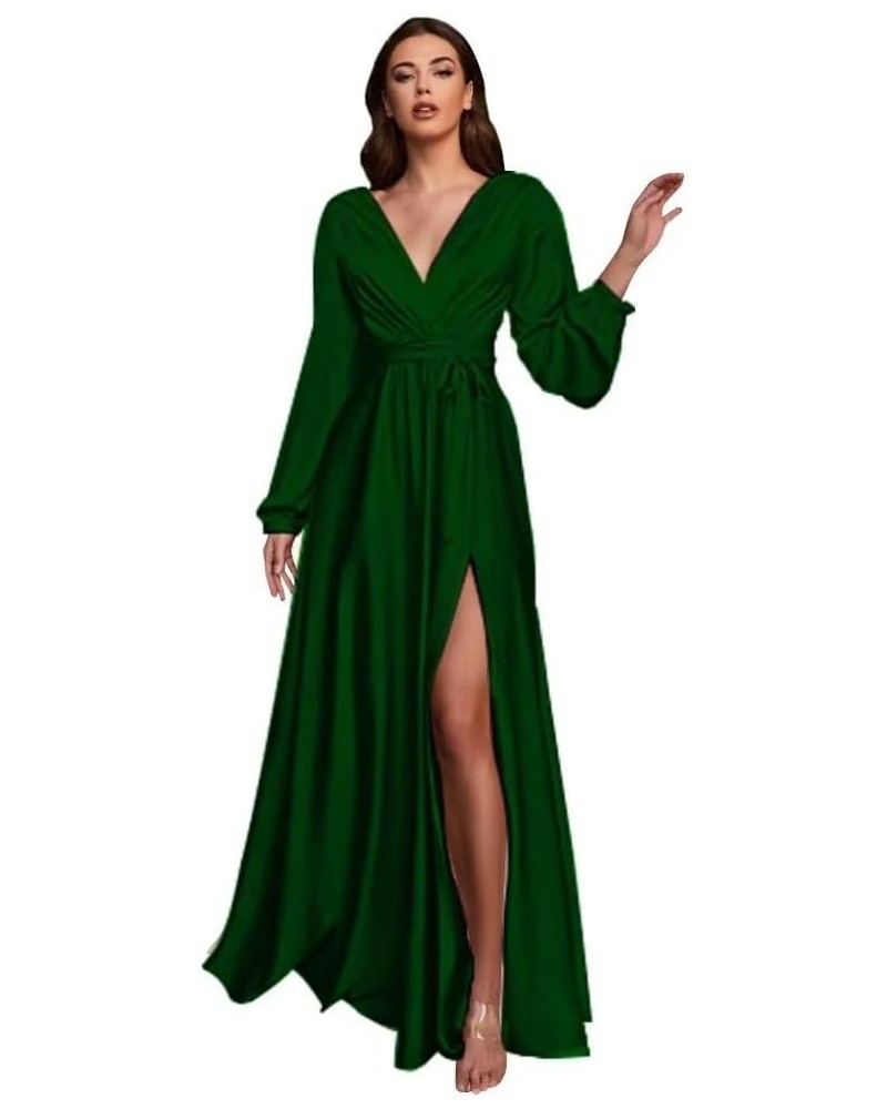 Women's Long Sleeve Bridesmaid Dresses for Wedding V-Neck Satin Formal Dress Evening Gowns with Slit Emerald Green $27.94 Dre...