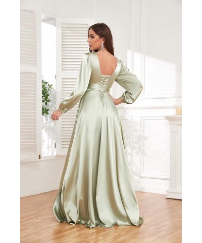 Women's Long Sleeve Bridesmaid Dresses for Wedding V-Neck Satin Formal Dress Evening Gowns with Slit Emerald Green $27.94 Dre...