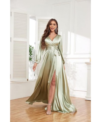 Women's Long Sleeve Bridesmaid Dresses for Wedding V-Neck Satin Formal Dress Evening Gowns with Slit Emerald Green $27.94 Dre...