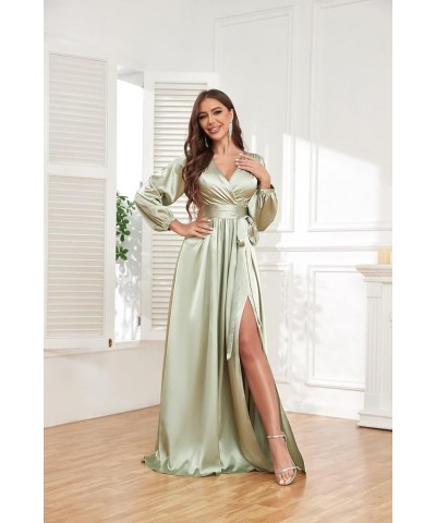 Women's Long Sleeve Bridesmaid Dresses for Wedding V-Neck Satin Formal Dress Evening Gowns with Slit Emerald Green $27.94 Dre...