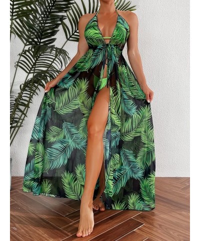 Women's Kimono Cover Up Tropical Tie Front Backless Halter Beach Swimsuit Cover Up Multicolor $18.01 Swimsuits