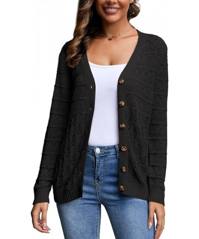 Women's Solid Colour V-Neck Crochet Flower Long Sleeve Cardigan Lightweight & Breathable Black $16.80 Sweaters