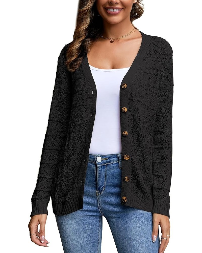 Women's Solid Colour V-Neck Crochet Flower Long Sleeve Cardigan Lightweight & Breathable Black $16.80 Sweaters