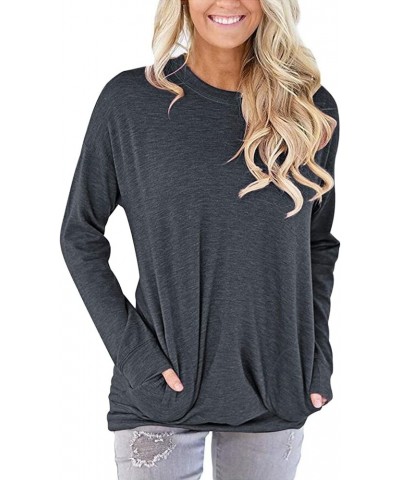 Women Casual Round Neck Long Sleeve Fit Tunic Top Baggy Comfy Blouse with Pockets Dark Gray $12.24 Blouses