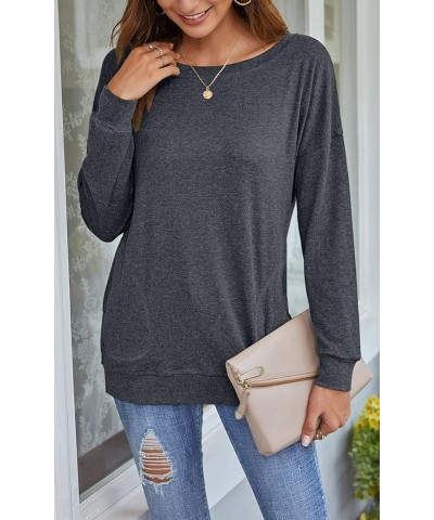 Women Casual Round Neck Long Sleeve Fit Tunic Top Baggy Comfy Blouse with Pockets Dark Gray $12.24 Blouses