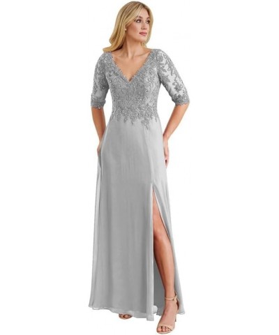 Mother of The Bride Dresses V-Neck Lace Wedding Guest Dresses for Women Beaded Mother of The Bride Dresses Long Chiffon Silve...