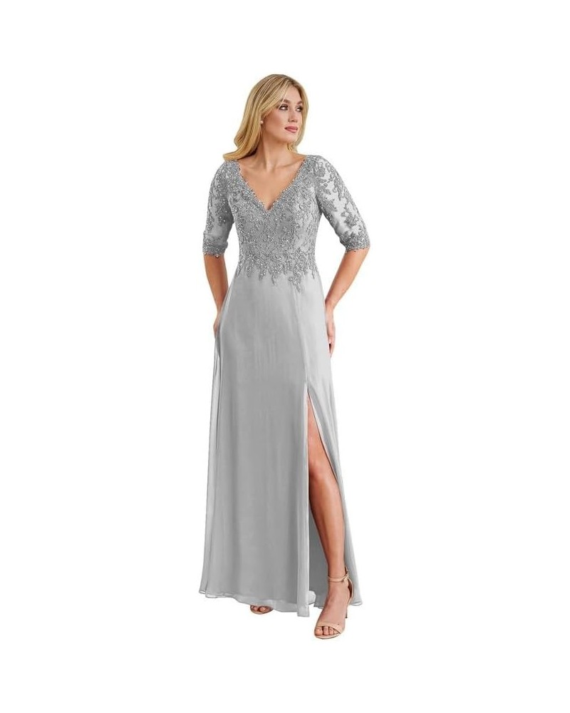 Mother of The Bride Dresses V-Neck Lace Wedding Guest Dresses for Women Beaded Mother of The Bride Dresses Long Chiffon Silve...