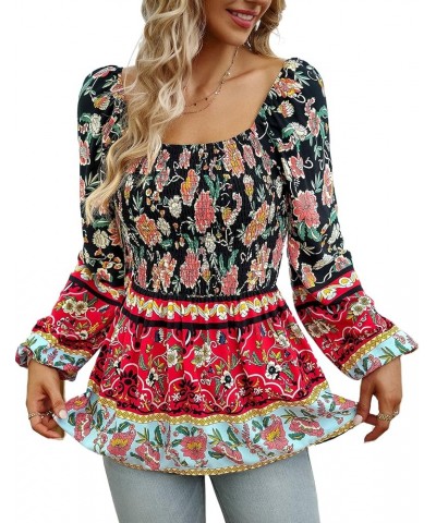 Square Neck Tops for Women Puff Long Sleeve Smocked Ruffle Hem Peplum Tops Tunic Blouse Black-floral $14.99 Blouses