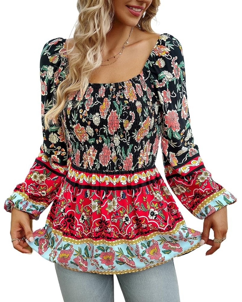 Square Neck Tops for Women Puff Long Sleeve Smocked Ruffle Hem Peplum Tops Tunic Blouse Black-floral $14.99 Blouses