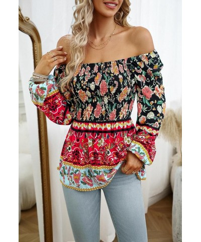 Square Neck Tops for Women Puff Long Sleeve Smocked Ruffle Hem Peplum Tops Tunic Blouse Black-floral $14.99 Blouses