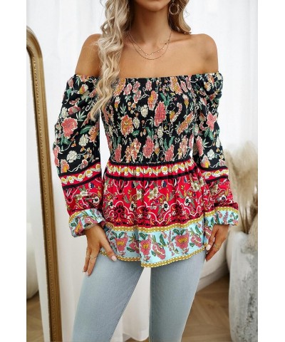 Square Neck Tops for Women Puff Long Sleeve Smocked Ruffle Hem Peplum Tops Tunic Blouse Black-floral $14.99 Blouses