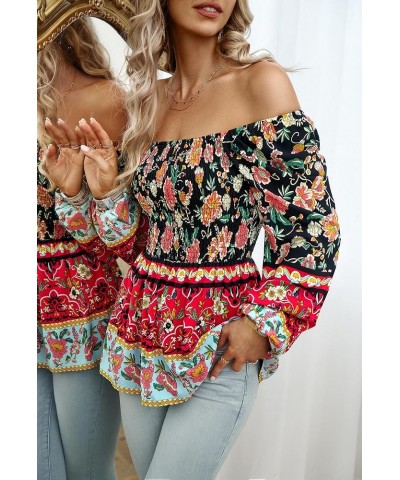 Square Neck Tops for Women Puff Long Sleeve Smocked Ruffle Hem Peplum Tops Tunic Blouse Black-floral $14.99 Blouses