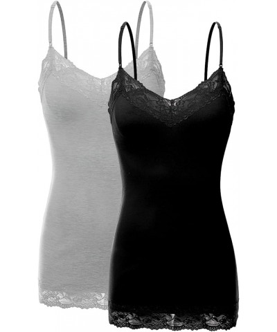 2 or 4 Pack Women's Junior and Plus Adjustable Spaghetti Strap Lace Tank Top 2pack - Black/Heather Grey $11.79 Tanks