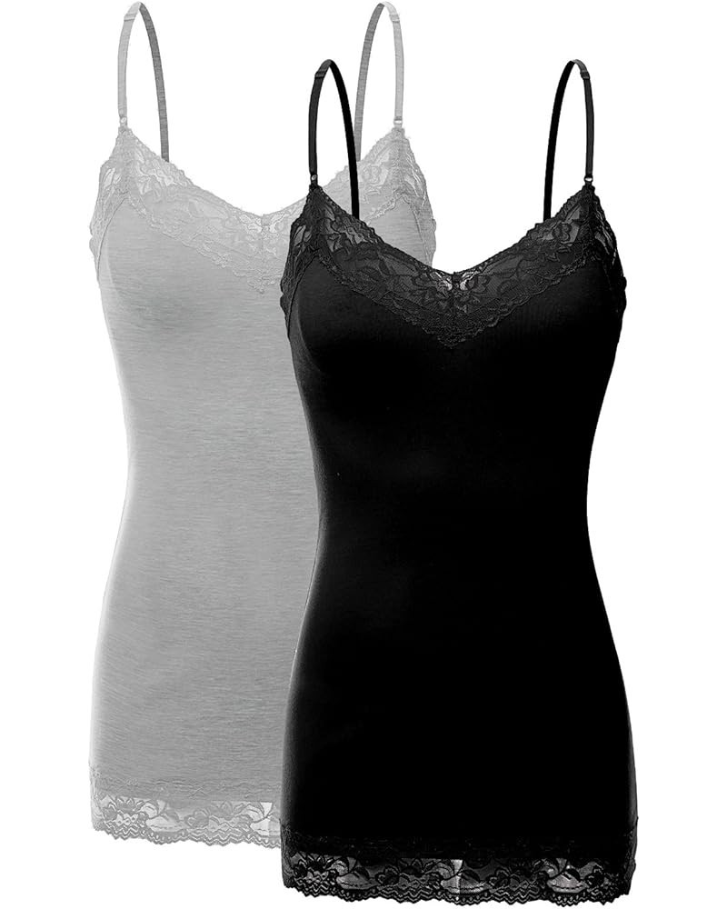 2 or 4 Pack Women's Junior and Plus Adjustable Spaghetti Strap Lace Tank Top 2pack - Black/Heather Grey $11.79 Tanks