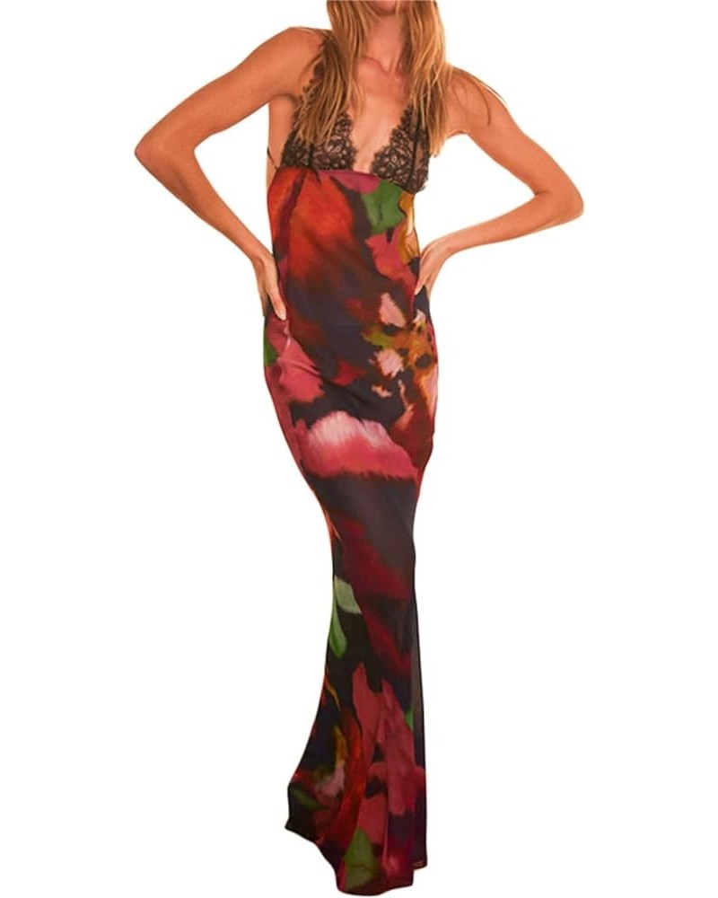 Women V Neck Floral Strappy Long Dresses Bodycon Sexy Sleeveless Slim Fit Maxi Dress Party Beach Summer Sundress Lace Floral ...