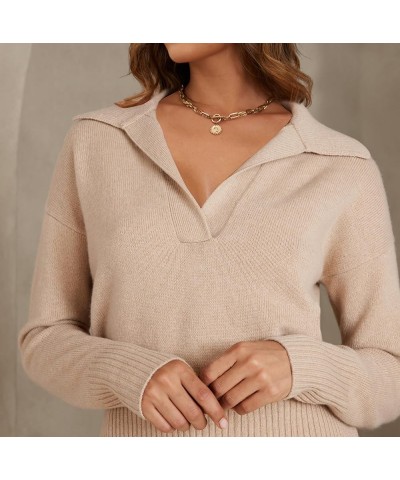 Women Knitted Lapel Collar Crop Sweater Polo V Neck Long Sleeve Loose Fit Casual Comfy Pullover Sweater Jumper Tops Apricot $...