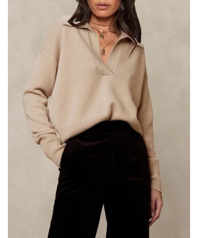 Women Knitted Lapel Collar Crop Sweater Polo V Neck Long Sleeve Loose Fit Casual Comfy Pullover Sweater Jumper Tops Apricot $...