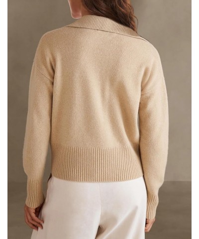 Women Knitted Lapel Collar Crop Sweater Polo V Neck Long Sleeve Loose Fit Casual Comfy Pullover Sweater Jumper Tops Apricot $...