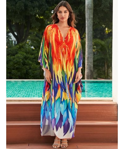 Kaftan Dresses for Women Wave Neck Swimsuit Cover Up Caftan Dress Plus Size Oversized Long Beach Dress D14 Peacock $19.79 Swi...