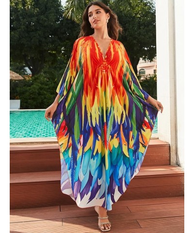 Kaftan Dresses for Women Wave Neck Swimsuit Cover Up Caftan Dress Plus Size Oversized Long Beach Dress D14 Peacock $19.79 Swi...