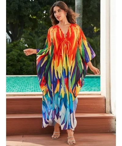 Kaftan Dresses for Women Wave Neck Swimsuit Cover Up Caftan Dress Plus Size Oversized Long Beach Dress D14 Peacock $19.79 Swi...