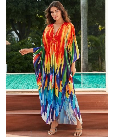 Kaftan Dresses for Women Wave Neck Swimsuit Cover Up Caftan Dress Plus Size Oversized Long Beach Dress D14 Peacock $19.79 Swi...