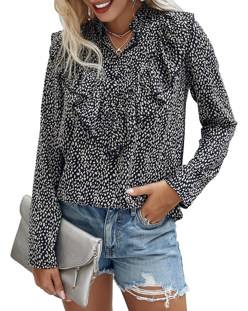 Women's Summer Loose Chiffon Blouse Mesh Long Sleeve Casual Round Neck Peplum Tops Black Apricot $14.74 Blouses