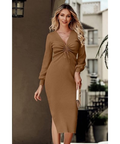 Women's Midi Sweater Dress Long Lantern Sleeve Ruched V Neck Drawstring Side Slit Knit Bodycon Dresses Dark Khaki $10.00 Dresses