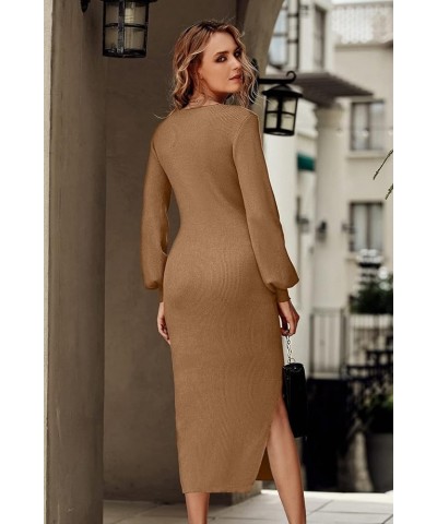 Women's Midi Sweater Dress Long Lantern Sleeve Ruched V Neck Drawstring Side Slit Knit Bodycon Dresses Dark Khaki $10.00 Dresses