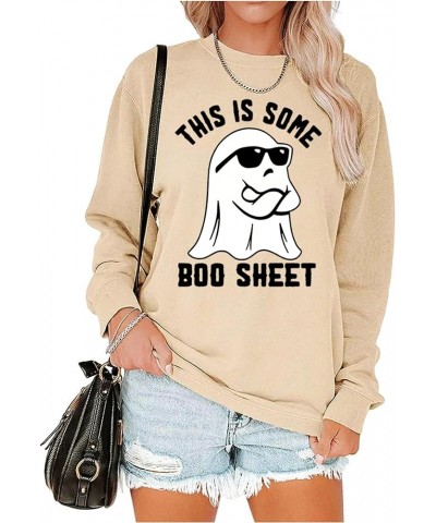 This is Some Boo Sheet Halloween Lightweight Tops for Women Ghost Graphic Shirt Spooky Season Long Sleeve Tops Beige-02 $14.8...