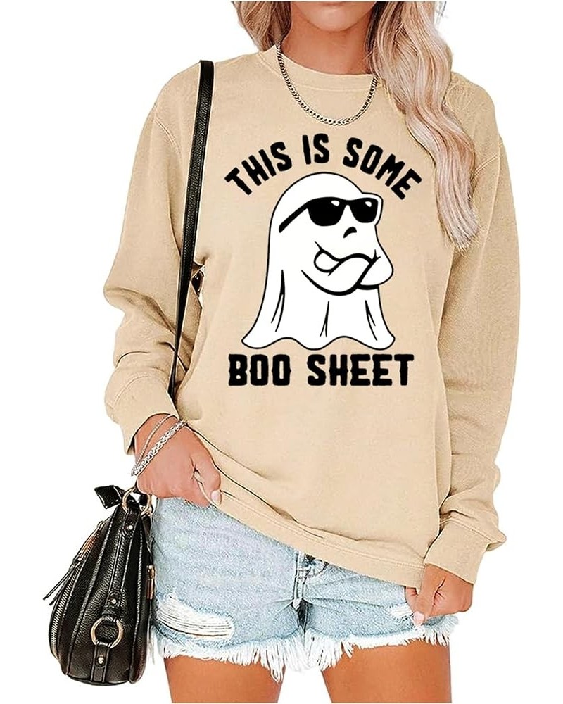 This is Some Boo Sheet Halloween Lightweight Tops for Women Ghost Graphic Shirt Spooky Season Long Sleeve Tops Beige-02 $14.8...