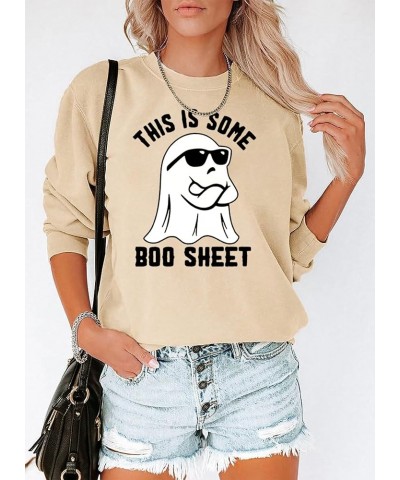 This is Some Boo Sheet Halloween Lightweight Tops for Women Ghost Graphic Shirt Spooky Season Long Sleeve Tops Beige-02 $14.8...