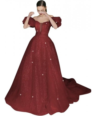 Women's Puffy Sleeve Prom Dresses Long Ball Gown Glitter Tulle Wedding Dresses for Bride V Neck A Line Princess Gown Wine Red...