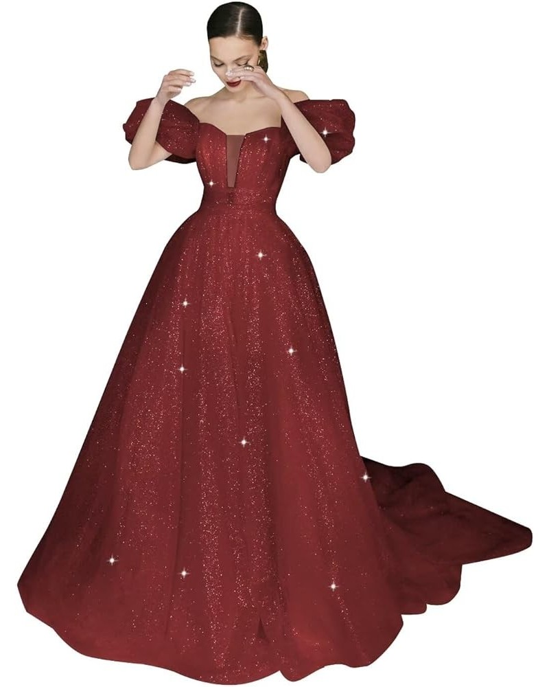 Women's Puffy Sleeve Prom Dresses Long Ball Gown Glitter Tulle Wedding Dresses for Bride V Neck A Line Princess Gown Wine Red...