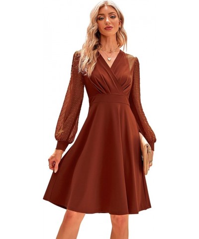 Women Swiss Dot Bishop Long Sleeves V Neck A-line Cocktail Dress Winter Fall Wedding Guest Dresses Rust $11.77 Dresses