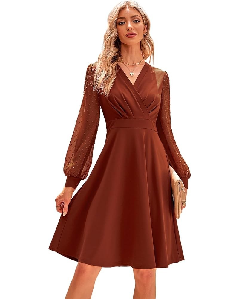 Women Swiss Dot Bishop Long Sleeves V Neck A-line Cocktail Dress Winter Fall Wedding Guest Dresses Rust $11.77 Dresses