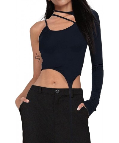 Women's One Shoulder Crop Top Long Sleeve Sexy Halter Asymmetrical Tops Black 02 $10.79 T-Shirts