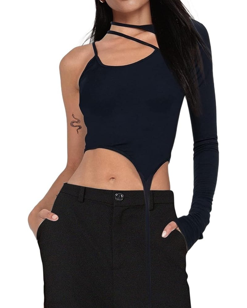 Women's One Shoulder Crop Top Long Sleeve Sexy Halter Asymmetrical Tops Black 02 $10.79 T-Shirts