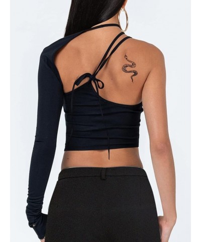 Women's One Shoulder Crop Top Long Sleeve Sexy Halter Asymmetrical Tops Black 02 $10.79 T-Shirts