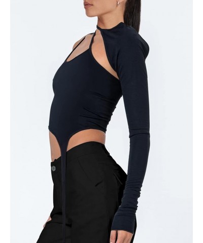 Women's One Shoulder Crop Top Long Sleeve Sexy Halter Asymmetrical Tops Black 02 $10.79 T-Shirts