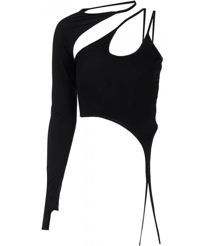 Women's One Shoulder Crop Top Long Sleeve Sexy Halter Asymmetrical Tops Black 02 $10.79 T-Shirts