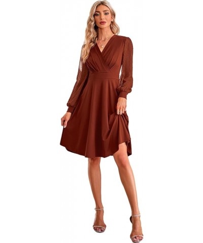 Women Swiss Dot Bishop Long Sleeves V Neck A-line Cocktail Dress Winter Fall Wedding Guest Dresses Rust $11.77 Dresses