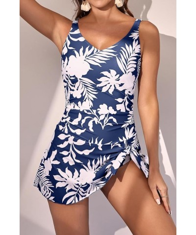 One Piece Swim Dress Swimsuits for Women Tummy Control Swimdress Skirt Bathing Suit Navy Blue Printed $25.07 Swimsuits