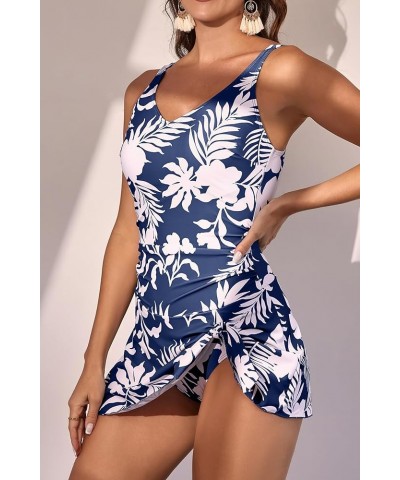 One Piece Swim Dress Swimsuits for Women Tummy Control Swimdress Skirt Bathing Suit Navy Blue Printed $25.07 Swimsuits