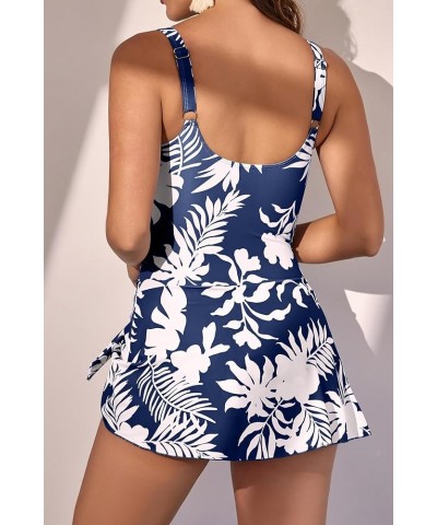 One Piece Swim Dress Swimsuits for Women Tummy Control Swimdress Skirt Bathing Suit Navy Blue Printed $25.07 Swimsuits