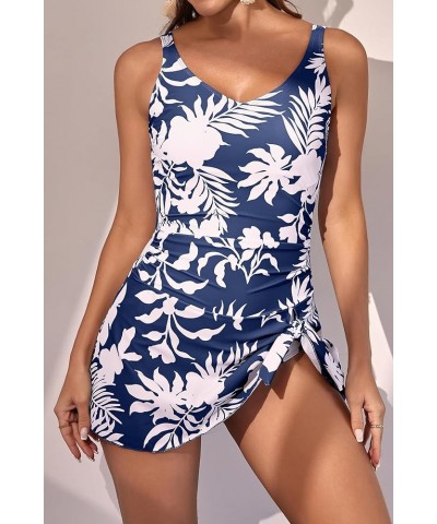 One Piece Swim Dress Swimsuits for Women Tummy Control Swimdress Skirt Bathing Suit Navy Blue Printed $25.07 Swimsuits