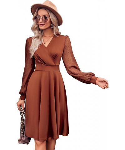 Women Swiss Dot Bishop Long Sleeves V Neck A-line Cocktail Dress Winter Fall Wedding Guest Dresses Rust $11.77 Dresses