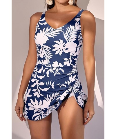 One Piece Swim Dress Swimsuits for Women Tummy Control Swimdress Skirt Bathing Suit Navy Blue Printed $25.07 Swimsuits