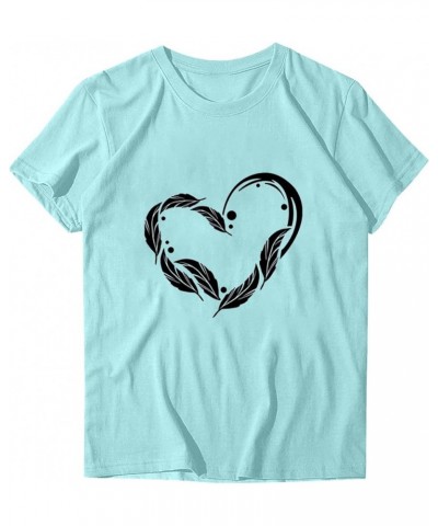 Cute Feather Heart Tee Tops for Women Summer Crew Neck Graphic Loose Basic Short Sleeve T Shirt Blouse Tops Teens Girl Light ...