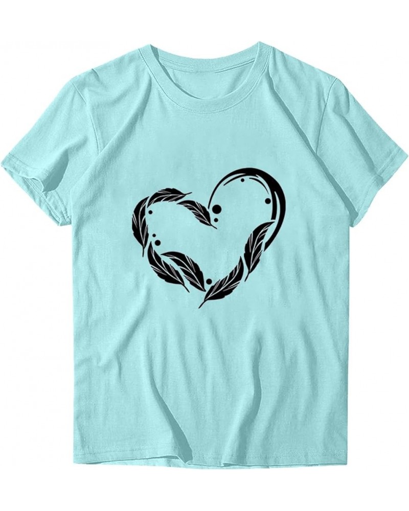 Cute Feather Heart Tee Tops for Women Summer Crew Neck Graphic Loose Basic Short Sleeve T Shirt Blouse Tops Teens Girl Light ...